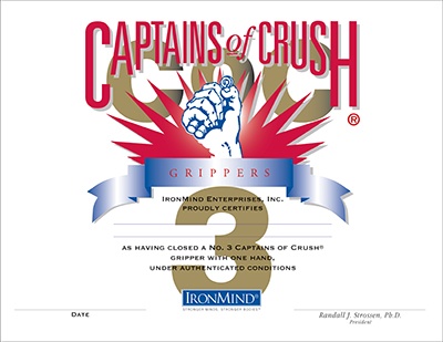 Certification on the Captains of Crush No. 3 gripper began in 1991, and quickly established itself as the single most respected accomplishment in the grip strength world—this weekend, at the Los Angeles FitExpo, worthy gripsters will have the chance to add their names to the official Captains of Crush No. 3 gripper certification list, which reads like Who’s Who of the grip strength world.