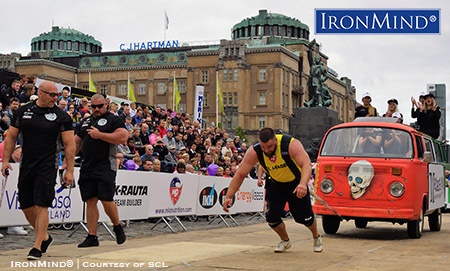Aivars Smaukstelis, winner of SCL Latvia and SCL Serbia, on the Mini Bus Pull at SCL Finland. IronMind® | Photo courtesy of SCL