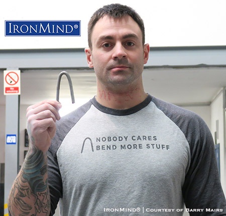 Barry Mairs (178 cm tall, 90 kg) has just been certified on the IronMind Red Nail, a benchmark short steel bend. IronMind® | Photo courtesy of Barry Mairs