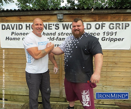 “Quick picture from yesterday’s visit from Eddie,” GripWorld’s David Horne (left) told IronMind today. Eddie Hall (right) is a powerhouse who wants to  win this year’s World’s Strongest Man contest, and in the run-up to the contest, he’s focussing on his grip, with help from David Horne, a leading expert and competitor in the world of grip strength. IronMind® | Photo courtesy of David Horne
