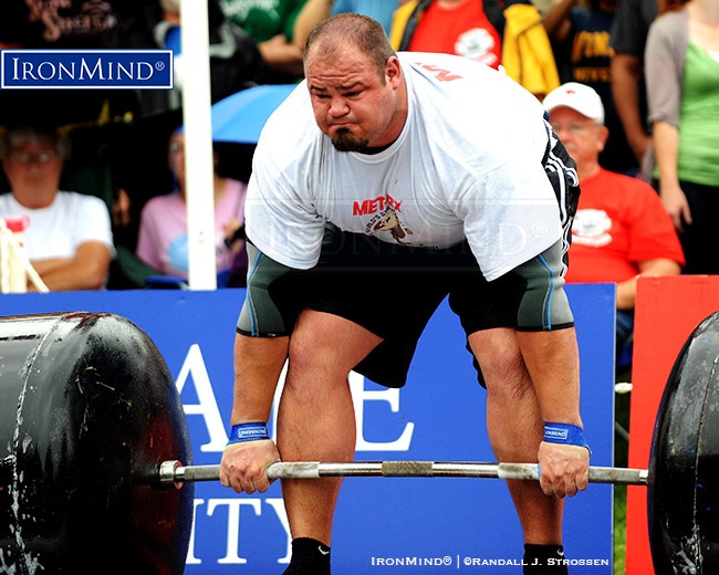 IronMind News by Randall J. Strossen: Brian Shaw (USA) shown deadlifting and on his way to victory at the 2011 World’s Strongest Man (WSM) contest (Wingate, North Carolina), the first of his four WSM titles to date. Shaw is ranked fourth on the Fortissimus All-Time Rankings of professional strongman competitors. IronMind® | ©Randall J. Strossen photo