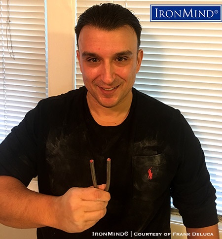 IronMind News by Randall J. Strossen: It’s official:Frank DeLuca has just been certified on the IronMind Red Nail, proving his prowess as a steel bender, and his name has been added to the Red Nail Roster. IronMind® | Photo courtesy of Frank DeLuca