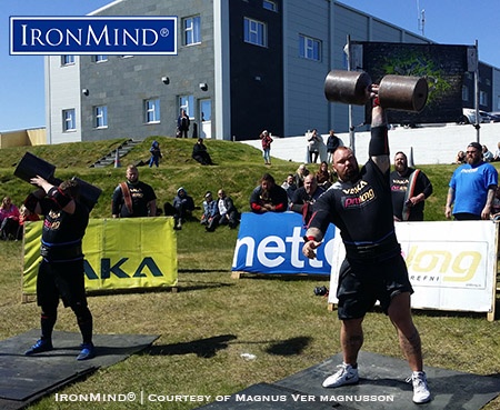 Hafthor Julius Bjornsson (right) on the dumbbell press at the Strongest Man in Iceland Viking Challenge, which he won. IronMind® | Courtesy of Magnus Ver Magnusson