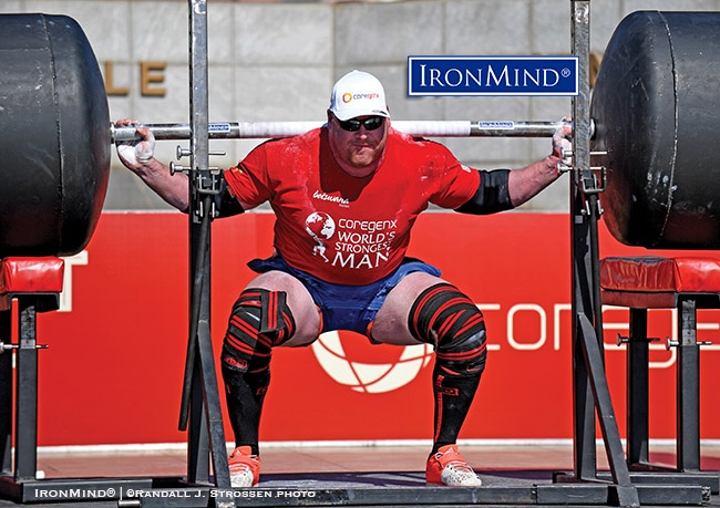 Jean-Francois Caron (Canada) was second only to Eddie Hall in the squat at the 2017 World’s Strongest Man contest (Gaborone, Botswana), where he finished fifth place overall and proved once again that he can give up a lot of bodyweight and still be fiercely competitive on the professional strongman circuit. IronMind® | ©Randall J. Strossen photo