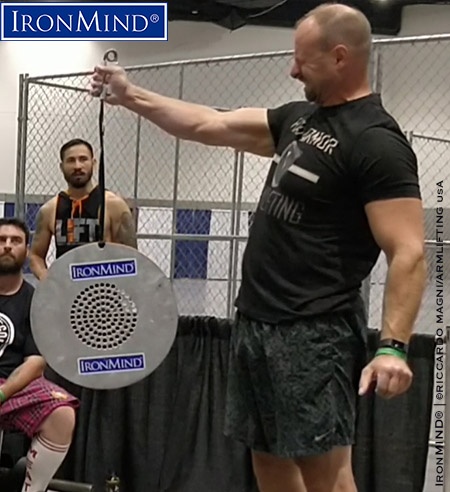 Riccardo Magni won the CoC Silver Bullet Hold with a time of 11.62 seconds using a Captains of Crush No. 3.5 gripper, a performance that also gave Magni the Best Lifter award at the IronMind Visegrip Viking Challenge at the 2018 San Diego FitExpo. IronMind® | Courtesy of Riccardo Magni/Armlifting USA
