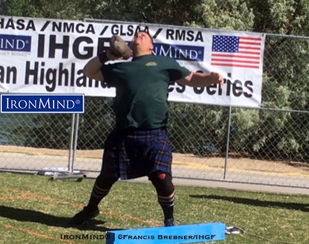 Impressive across the board, Kyle Lille added an exclamation point to his winning performance at the 2018 Las Vegas Highland Games by uncorking an amateur world record in the 22-lb. Braemar stone. IronMind® | Photo courtesy of Francis Brebner/IHGF