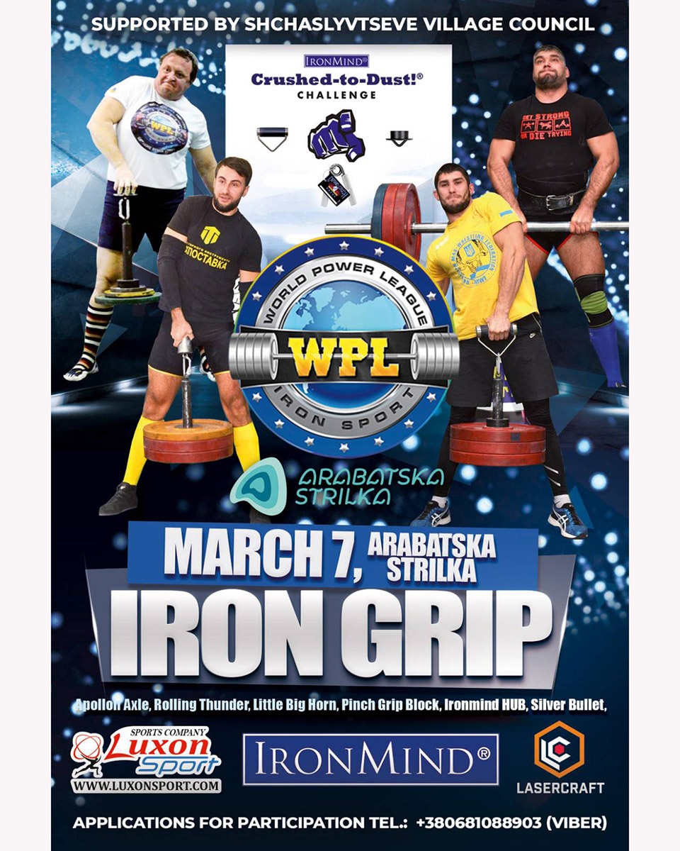 Kicking off his 2020 armlifting season, grip contest organizer Vitaliy Pulin has contests scheduled for March 7 and March 21 in Melitopol, Ukraine.  Both contests feature the core events of Rolling Thunder, Apollon’s Axle, CoC Silver Bullet Hold, along with the IronMind Hub, Block and Little Big Horn, and given history, keep you eye open for potential world record performances.