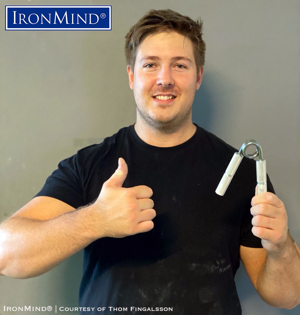 Thom Fingalsson has proven his world class grip strength as he has just been certified on the Captains of Crush No. 3 gripper. Thom is 28 years old, is 192 cm tall and weighs 128 kg. IronMind® | Photo courtesy of Thom Fingalsson