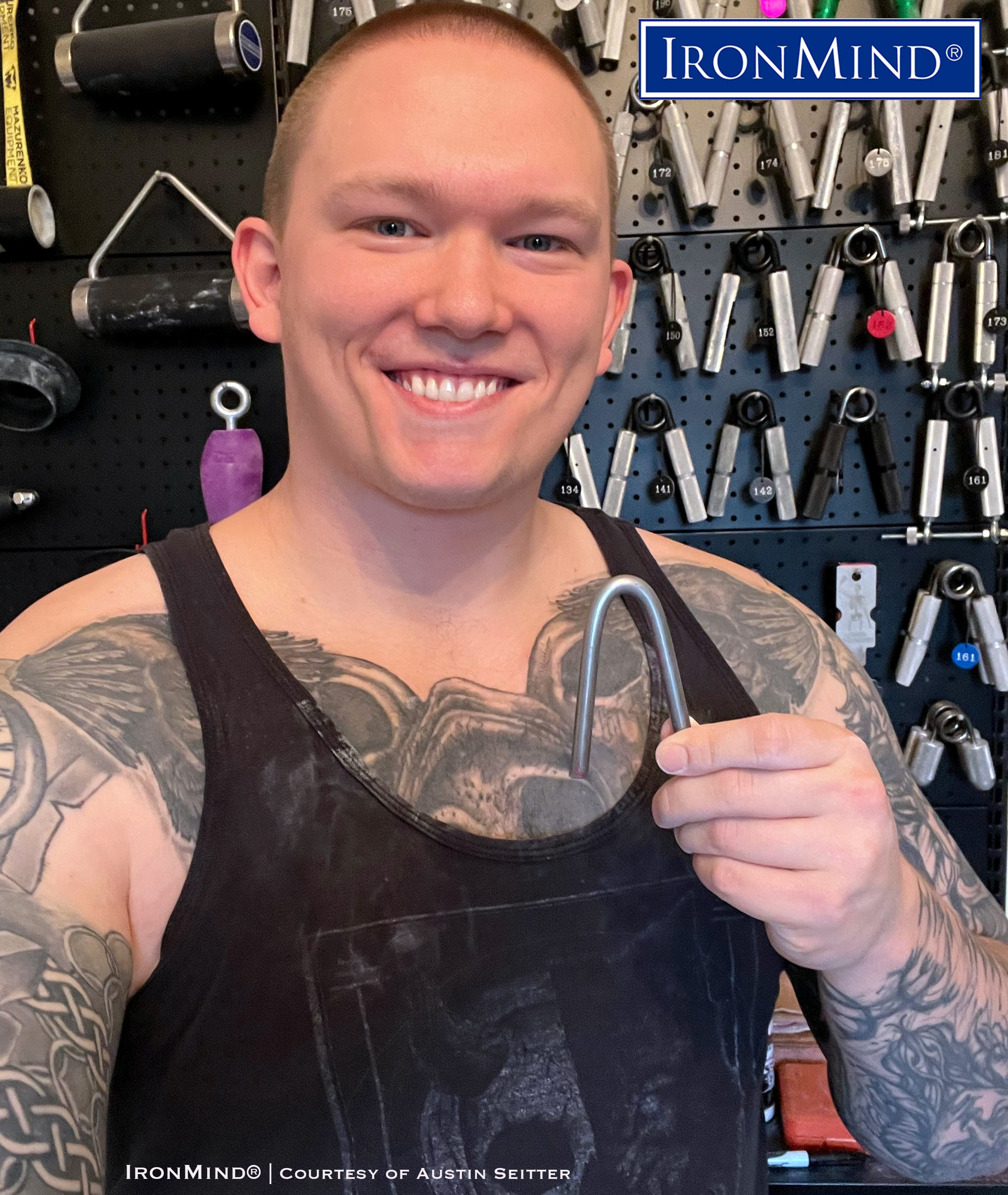 Austin Seitter (28, 6’ 2”, 298 lb.) has been certified on the IronMind Red Nail, a benchmark steel bend known worldwide since 1995. IronMind® | Courtesy of Austin Seitter