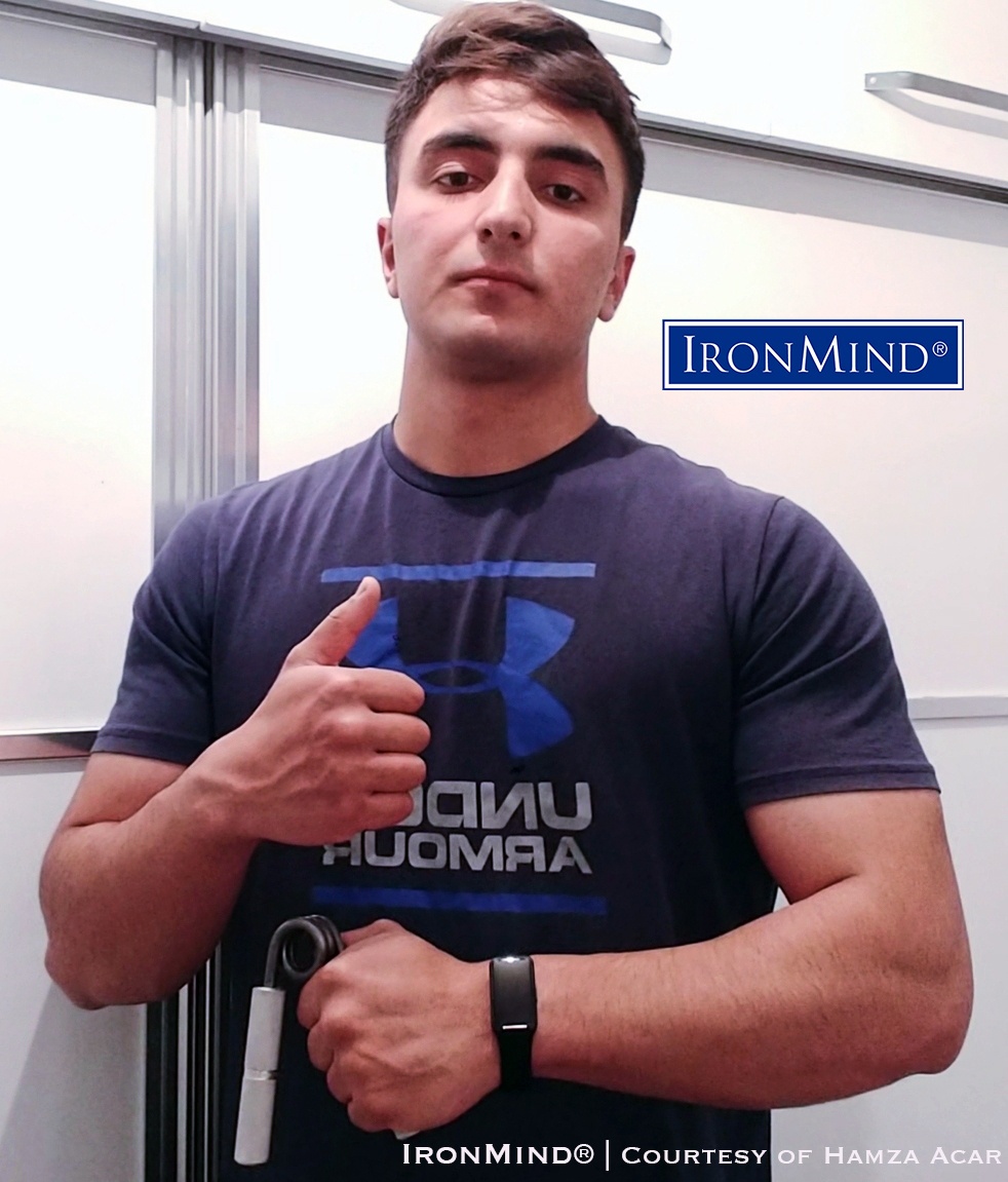 The latest teenager to certify on the Captains of Crush No. 3 gripper, Hamza Acar (19 years old, 187 cm and 85 kg) joins the elite club headed by Jesse Marunde, “The first teenage Captains of Crush.” IronMind® | Photo courtesy of Hamza Acar