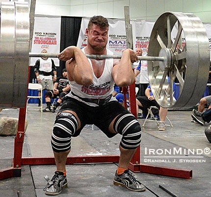 Capping off consistently strong performances all day at the All-American Strongman, Martins Lincis won the final event—loading natural stones—in an impressive performance that also gave him the title.  Martin Licis tied for first in the front squat, 230-kg front with wheels, knocking out three reps, each of which Odd Haugen called “a maximum lift.” IronMind® | Randall J. Strossen photo