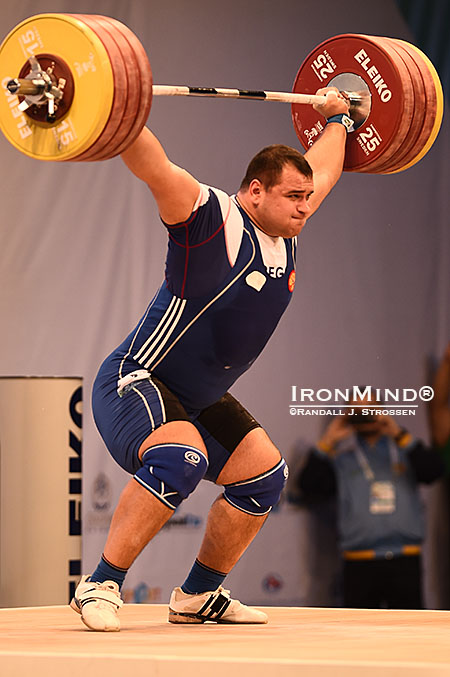 He had to chase it a little, but this 210-kg snatch gave Ruslan Albegov the lead going into the clean and jerk. IronMind® | Randall J. Strossen photo
