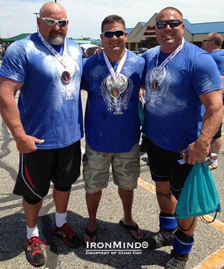 Masters' strongman medalists from the Central USA Fitness Festival (left to right): Rob Lewis, Chad Coy and Van Hatfield.  IronMind® | Photo courtesy of Chad Coy