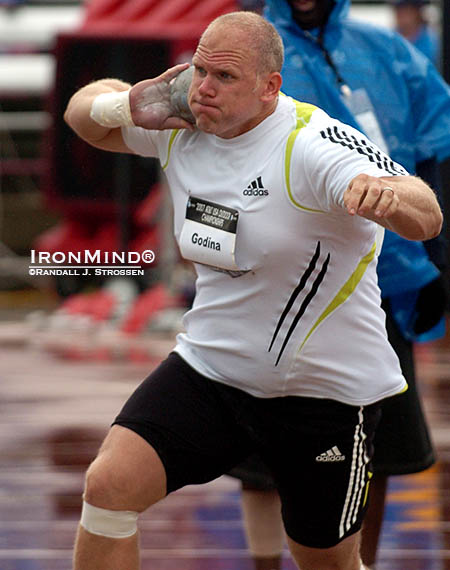 Shown competing at the 2007 USATF Outdoor Nationals, John Godina—a world champion and Olympic medalist in the shot put—was enthusiastic about Capitol Shot increasing exposure for both the event and the overall championships.  IronMind® | ©Randall J. Strossen