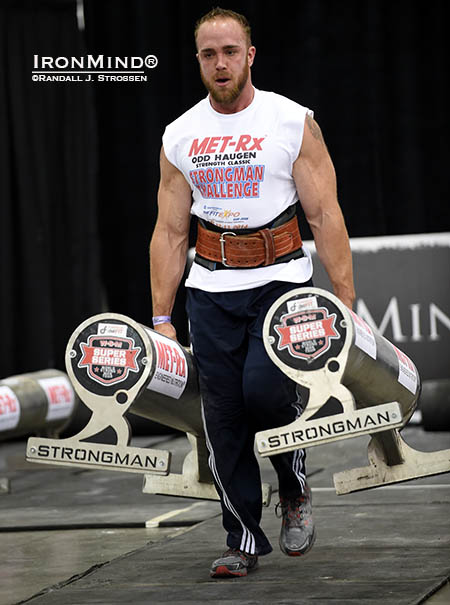 Jon-Clark Eklund won the Farmer’s Walk for distance at the Odd Haugen Strength Classic today and in between events, at the midway point in the strongman contest, he officially closed the Captains of Crush No. 3 gripper.  IronMind® | Randall J. Strossen photo  