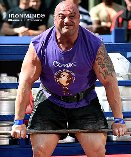 It’s a fundamental test of strength: How much can you lift off the ground? Professional strongman Laurence Shahlaei tackles the Barrel Deadlift at the 2014 World’s Strongest Man contest. IronMind® | Randall J. Strossen photo