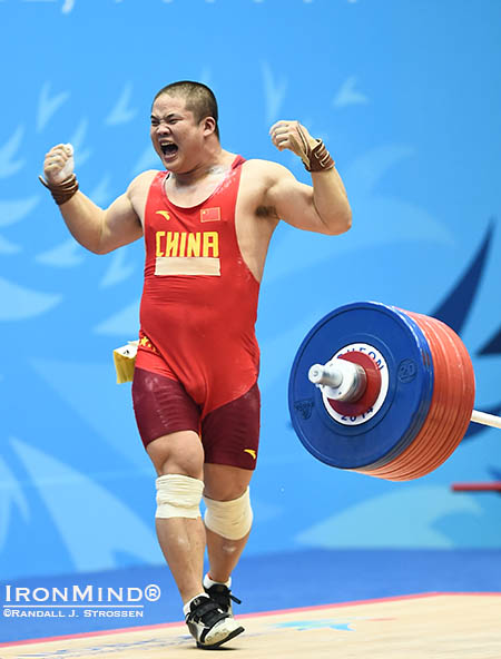He had been celebrating each lift all night, but when he sank the putt on the final clean and jerk of the 94-kg class Liu Hao could celebrate for real—he’d just won the gold medal. IronMind® | Randall J. Strossen photo