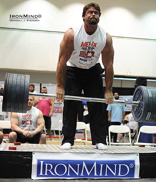 Last year, Mike Burke crushed all comers, and once again the LA FitExpo is likely to be the home of the year’s top grip strength contest as Odd Haugen’s Viking Visegrip Challenge features the big three of the grip strength world.  Last year, Mike Burke pulled this double overhand deadlift on the Apollon’s Axle to his knees—will he polish it off this year?  Come to the LA FitExpo and see it for yourself.  IronMind® | Randall J. Strossen photo  