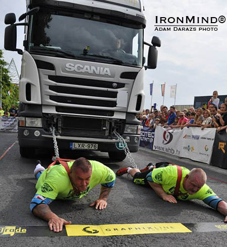 Team Poland (Mateusz Baron, left, and Rafal Kobylarz, right) in the truck pull at the 2014 Scitec European Strongest Team Challenge. IronMind® | Photo courtesy of Adam Darazs 