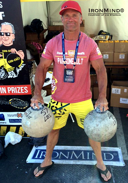 Steve Parsoneault completed the Con-Cret Grip Challenge at the CrossFit Games—matching Jim Stoppani with the following lifts: 6 one arm rows with 48 lb. and 2 rows with 58 lb. then a double lift for ten seconds. Those are custom Slater stones fitted with IronMind Hubs, a setup designed by Stoppani for his Con-Cret Grip Challenge.  IronMind® | Photo courtesy of Jim Stoppani 