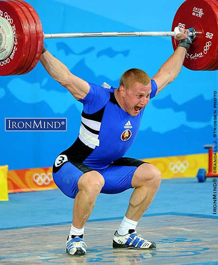 Andrei Rybakou (Belarus), who lost the gold medal on bodyweight in the men’s 85-kg class at the Beijing Olympics, has shown up as positive on the second wave of reanalyses—Rybakou’s silver medal performance included this 185-kg snatch. IronMind® | ©Randall J. Strossen photo