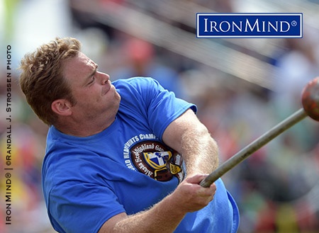 Dan McKim won the 16-kb. hammer today at the 2016 IHGF Highland Games World Championships, setting a field record, and he goes into the second day, tomorrow, as the overall leader. IronMind® | ©Randall J. Strossen photo
