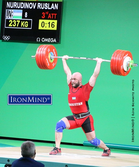 Ruslan Nurudinov stuck this 237-kg Olympic record clean and jerk in the 105-kg class in Rio. IronMind® | ©Jim Schmitz photo