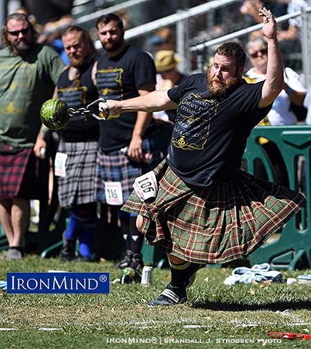 World record holder in the 56-lb. weight for distance, Spencer Tyler ended the first day of competition in the US Heavy Events Invitational tied for the lead with Dan McKim. IronMind® | ©Randall J. Strossen photo