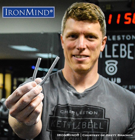 Brett Bracken told IronMind, “Both lower arm/wrist strength play into my job and hobbies,” so it’s no wonder he got hooked on bending and now he’s proven himself by bending the IronMind Red Nail under official conditions. IronMind® | Image courtesy of Brett Bracken