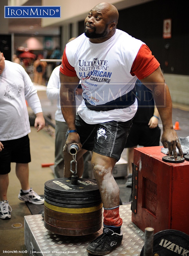 Not sure whether Mark Felix, a longtime leading performer on the Rolling Thunder, a benchmark test of grip strength, has any plans on September 10th, but maybe he like to hop in and pull a big number. Here, Mark is shown hauling up 261 lb. on the Rolling Thunder at Odd Haugen’s grip contest at the 2011 Los Angeles FitExpo. IronMind® | ©Randall J. Strossen photo