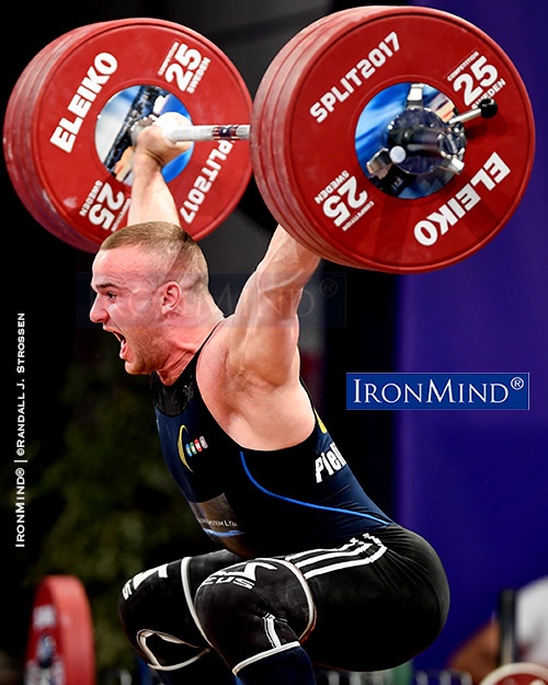 Oleksandr Pielieshenko (Ukraine) on his way up with a 175-kg snatch at the European Weightlifting Championships in Split, Croatia, where he defended his 85-kg title. IronMind® | ©Randall J. Strossen photo