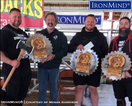 (Left to right) Casey Garrison, Ted James, Nathan Goltry, Nyck Romero, from the 2018 IHGF Stones of Strength & World’s Strongest Logger.  IronMind® | Photo courtesy of Megan Garrison