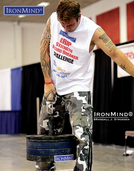Adam Glass is certified on the Captains of Crush No. 3 gripper, the IronMind Red Nail and is a former world record holder on the Little Big Horn (shown). This weekend—while competing at the Armlifting USA event at the Mr. Olympia—Glass will be seeking to add another notch in his belt as he attacks a double bodyweight double overhand deadlift on the Apollon’s Axle, a staple of the grip strength world. IronMind® | ©Randall J. Strossen photo