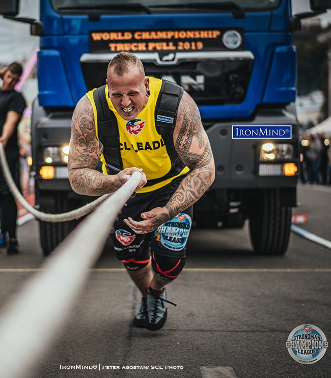 The ante is two meters tall and 165-kg bodyweight—no problem for Kelvin de Ruiter as he defended his SCL World Truck Pull Championships title. IronMind® | Peter Agostan/SCL photo
