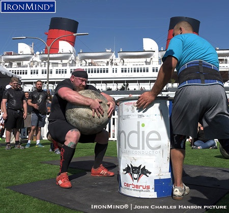 Top IHGF stone lifter Chris Burke took top honors at the second qualifying leg of the IHGF All-American Stones of Strength series, at the Queen Mary Highland Games.  IronMind® | John Charles Hanson picture