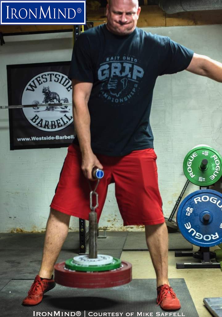 Mike Saffell has proven his superior all-around grip strength by officially completing IronMind’s Crushed-To-Dust! Challenge. Saffell is 43, stands 6’ 4” tall and weighs 255 lb. IronMind® | Courtesy of Mike Saffell
