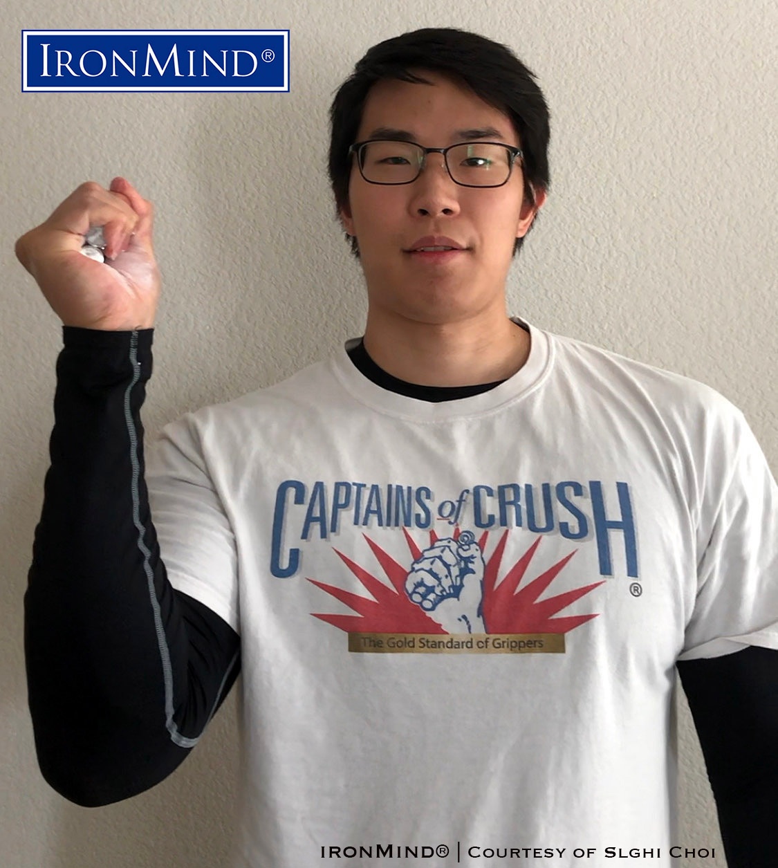 Clark Kent doubling as Superman: Slghi Choi teaches math, but he’s also one of the world’s top gripsters as he ably demonstrated by officially closing the Captains of Crush No. 3.5 gripper and joining the super elite club of men certified on the CoC No. 3.5. Slghi is 31 years old, 6’ 4” tall and weighs 220 lb. IronMind® | Photo courtesy of Slghi Choi