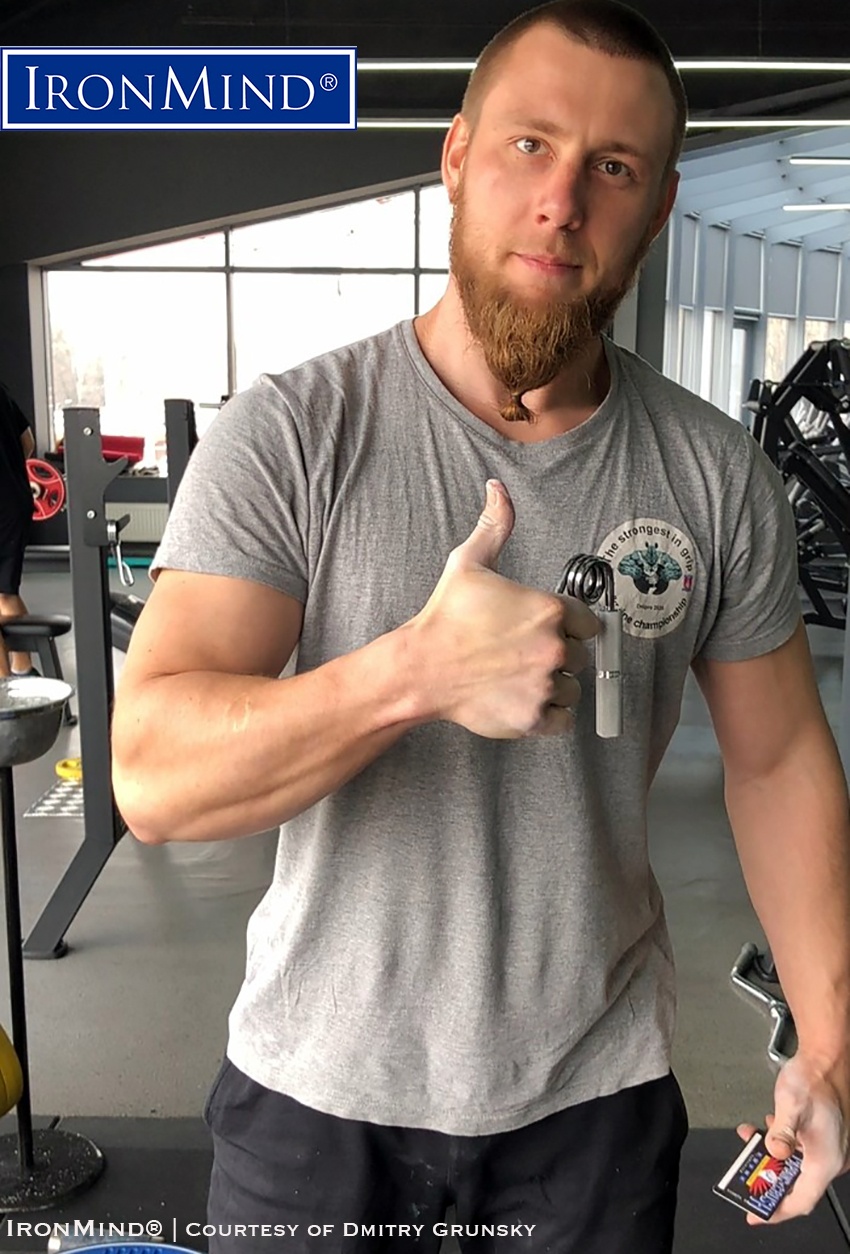 Distinguished international armlifting competitor Dmitry Grunsky (Ukraine) has been certified on the Crushed-To-Dust! Challenge, proving his all-around superior grip strength. 32-year old Grunsky is 180 cm (5’ 11”) tall and weighs 83 kg (183 lb.). IronMind® | Photo courtesy of Dmitry Grunsky