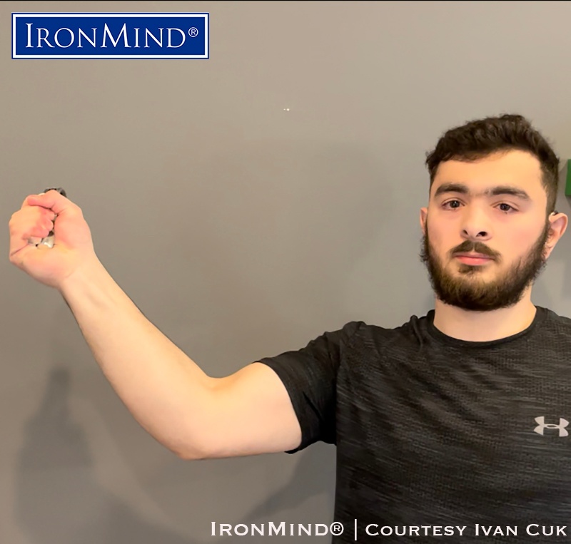 “I am 18 years old, 6.0 185 lbs. I live in Chicago Illinois. I don’t work, I'm a student,” Cuk told IronMind.  Cuk has just been certified on the Captains of Crush (CoC) No. 3.5 gripper. IronMind® | Photo courtesy of Ivan Cuk
