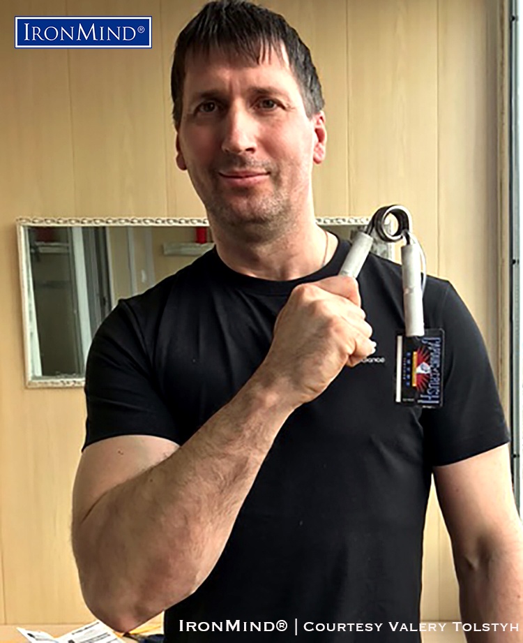 46-year old Valery Tolstyh has been certified on the Captains of Crush (CoC) No. 3 gripper. Tolstyh is 196 cm tall (about 6’ 5”)  and weighs 99 kg (about 218 lb.). IronMind® | Photo courtesy of Valery Tolstyh