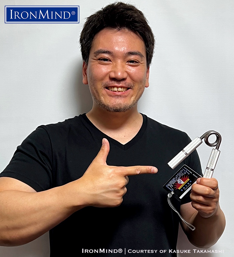 Persistence pays off: With 15 years of gripper training under his belt, Kosuke Takahashi has been certified on the Captains of Crush No. 3 gripper, proving his world-class grip strength. IronMind® | Photo courtesy of Kosuke Takahashi