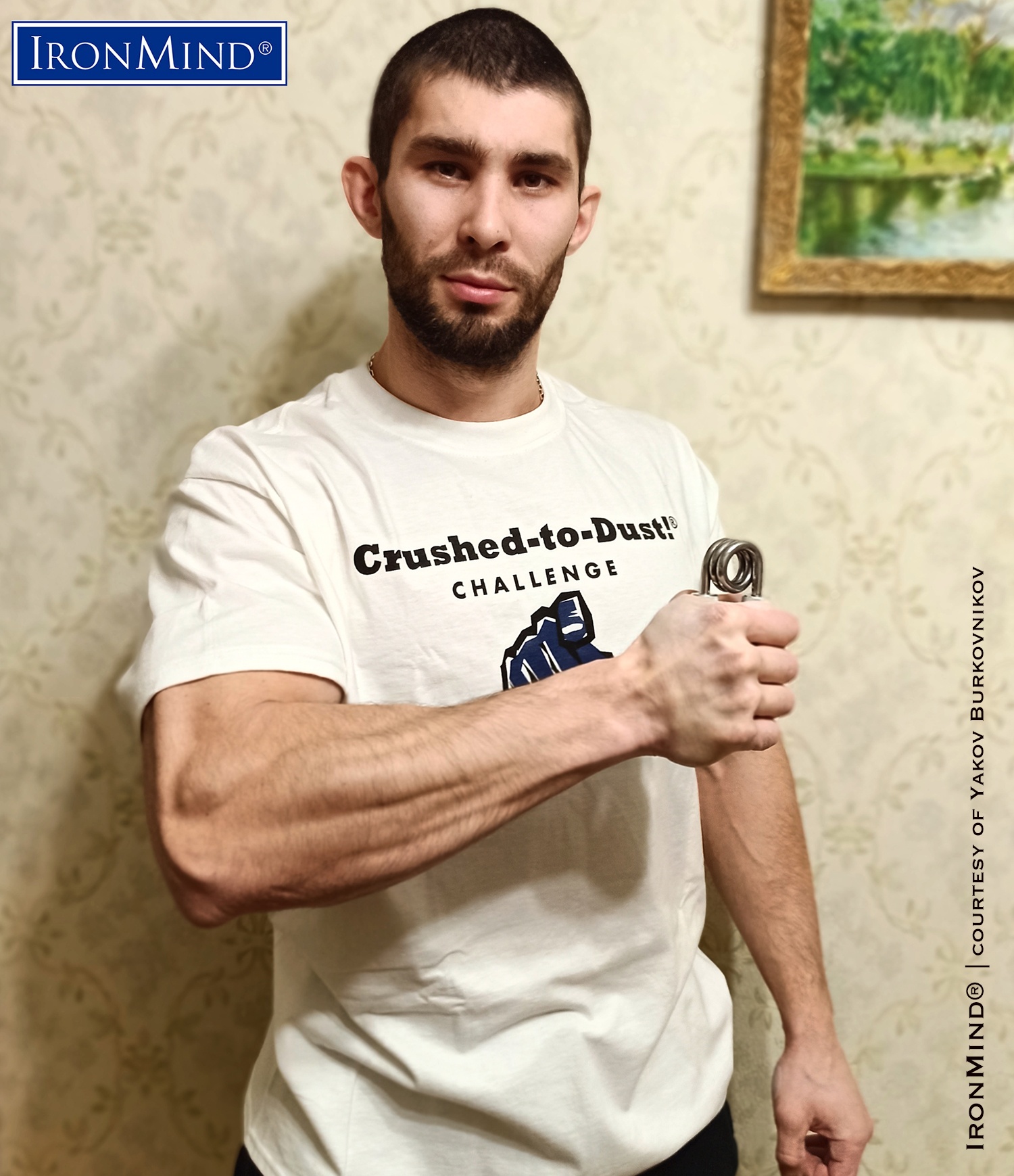 Freshly certified on the Crushed-To-Dust Challenge, Yakov Burkovnikov (Ukraine) has added more luster to grip strength laurels by certifying on the Captains of Crush No. 3 gripper. IronMind® | Courtesy of Yakov Burkovnikov