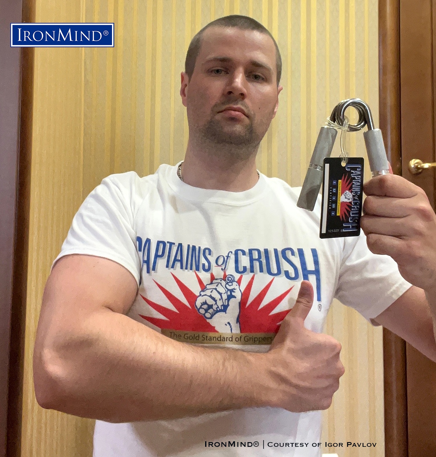 Igor Pavlov bounced back from a close miss when he first tried to certify on the Captains of Crush No. 3 gripper to show his utter and complete command in his rematch—making his certification official. IronMind® | Photo courtesy of Igor Pavlov