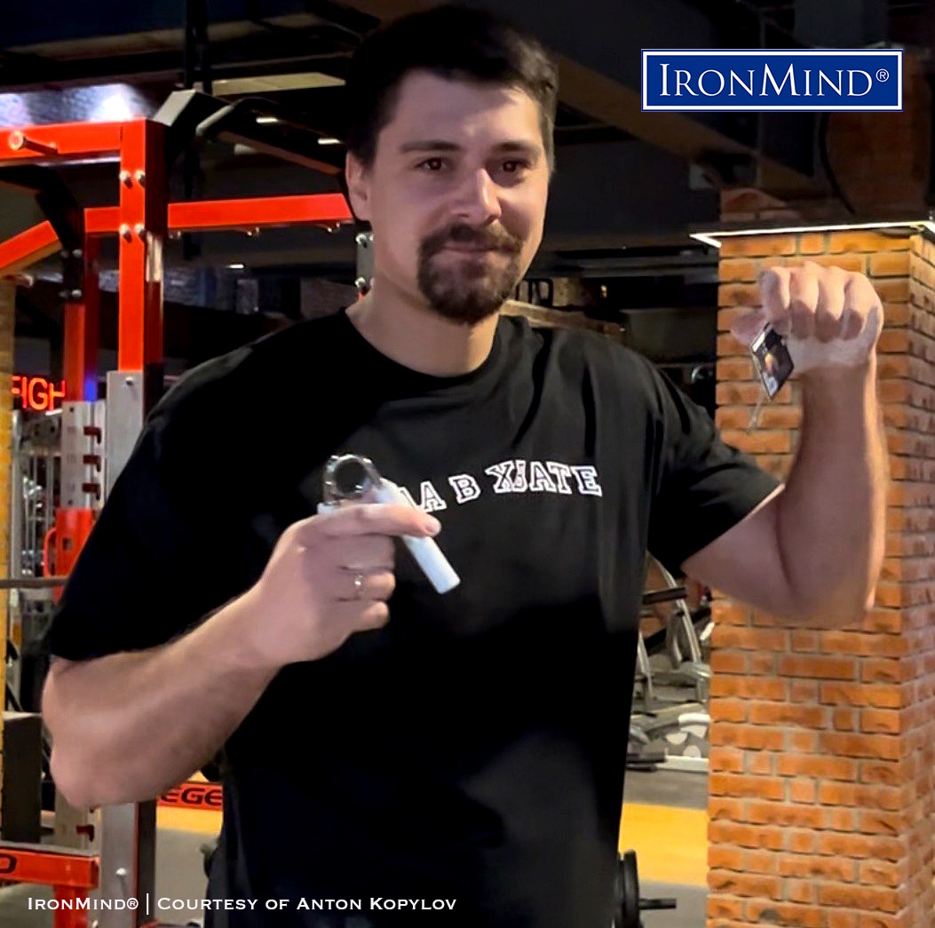 15 years into it, Anton Kopylov (Russia) has met his goal, certifying on the Captains of Crush No. 3 gripper. Kopylov is 32 years old, 205 cm (about 6’ 8”) tall and weighs 122 kg (about 269 lb.). ©IronMind Enterprises, Inc. | Photo courtesy of Anton Kopylovv