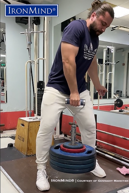 Shown on the Rolling Thunder phase, Gennadiy Maksiyan (Russia) has been certified on the Crushed-To-Dust! Challenge—proving his outstanding all-around grip strength. Gennadiy is 34 years old, 184 cm tall (about 6’ 1/2”) and weighs 107 kg (about 236 lb.). ©IronMind® | Image courtesy of Gennadiy Maksiyan