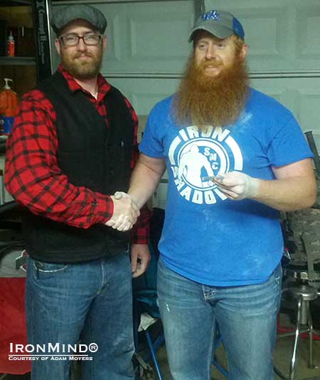 Sean Dockery (left) refereed Adam Moyers’ (right) attempt to bend an IronMind Red Nail under official conditions: Adam succeeded and has just been certified.  Adam is 6’ 1’ tall and weighs 245 lb.  IronMind® | Photo courtesy of Adam Moyers