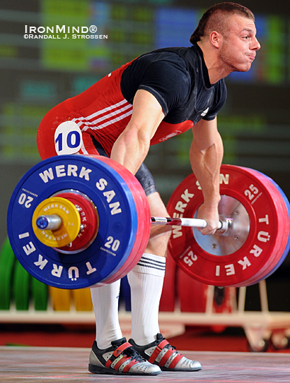 85-kg Adrian Zielinski (Polish) snatched 173-kg for the silver medal in the snatch at the 2010 World Weightlifting Championships, where he also won the bronze medal in the clean and jerk, and the gold medal in the total.  IronMind® | Randall J. Strossen photo.