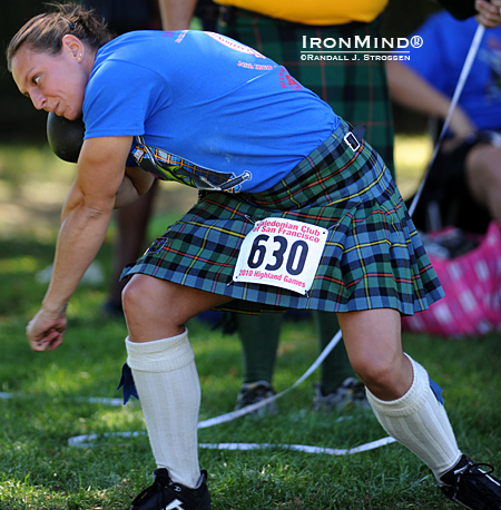 Adriane Blewitt dominated the women’s Highland Games circuit last year, including the Caledonian Club of San Francisco’s competition in Pleasanton.  IronMind® | Randall J. Strossen photo.