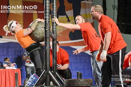Alanna Casey: 75 seconds over the bar for reps with a 180-lb. stone.  Photo courtesy of Aryn Lockhart–Strongman Rage