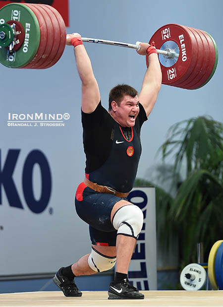 Russia’s Aleksei Lovchev put an exclamation point at the end of the 2014 European Weightlifting Championships: he added this 252-kg clean and jerk to the 205-kg snatch he had already posted to tell the world that he’s a player for top honors in the +105 kg category.  IronMind® | Randall J. Strossen photo